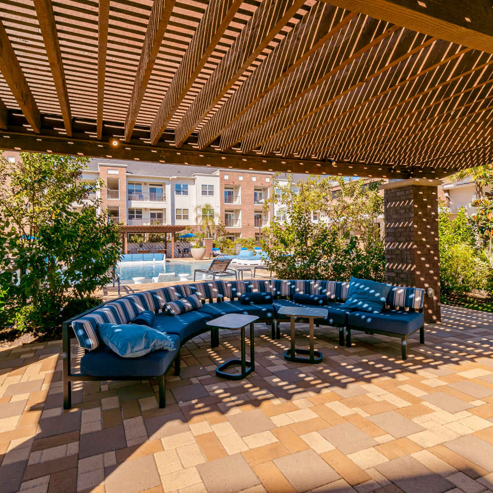 Community outdoor seating at NOVU New Forest in Houston, Texas