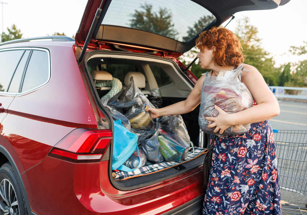 Woman loading groceries into car trunk at Balcones Trails in Kyle, Texas