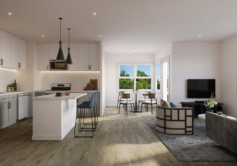Open-concept of kitchen and living room at Silo Creek Apartments in Lafayette, Louisiana
