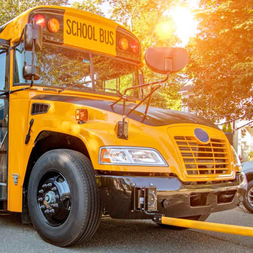 Yellow school bus parked on street with sunlight filtering through trees near Winston Commons in Pontiac, Michigan
