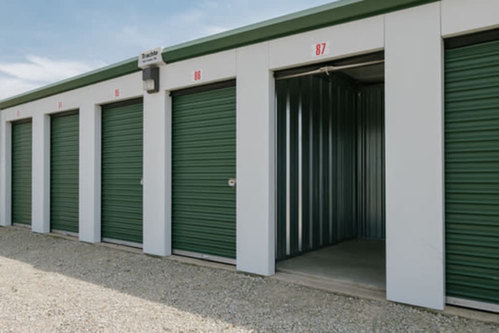 Roll-up doors on self storage units at StayLock Storage in Farmland, Indiana