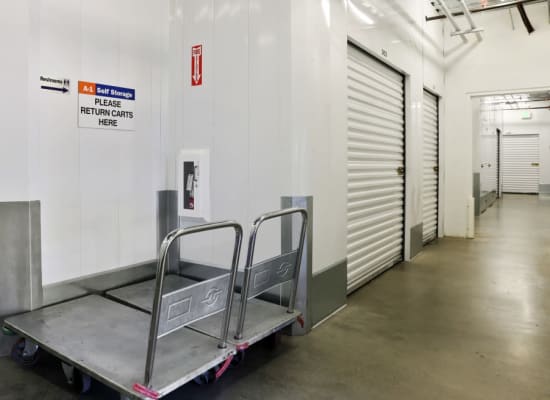 Clean hallways through self storage units at A-1 Self Storage in Alhambra, California