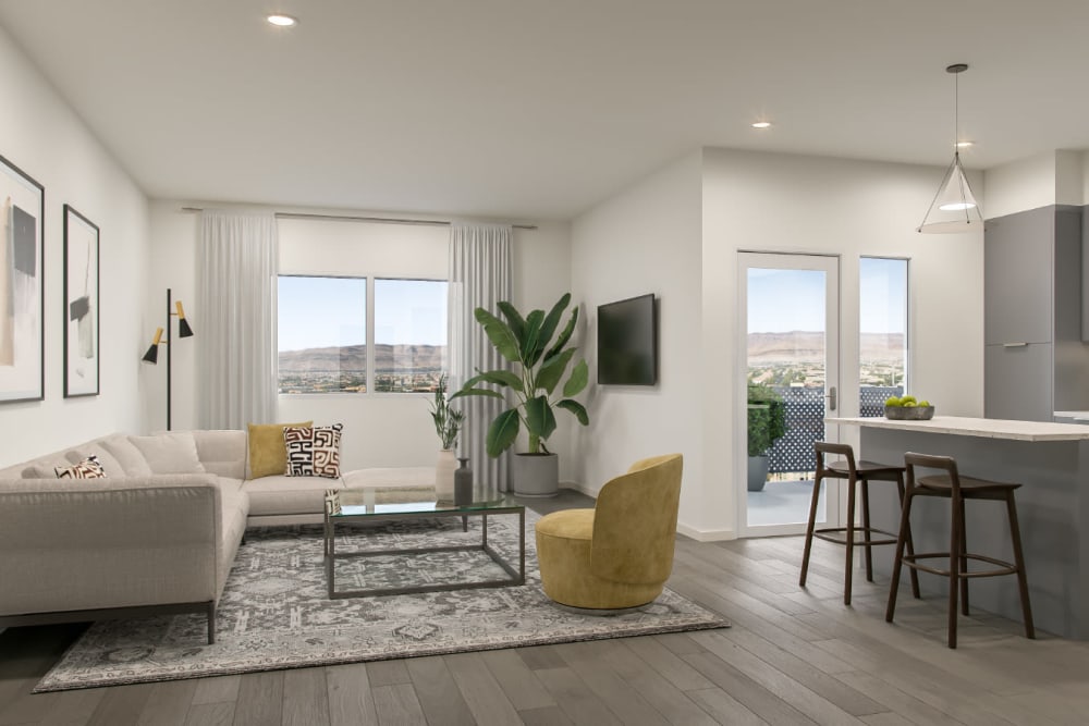 Modern living room with windows at The Ellison in Las Vegas, Nevada