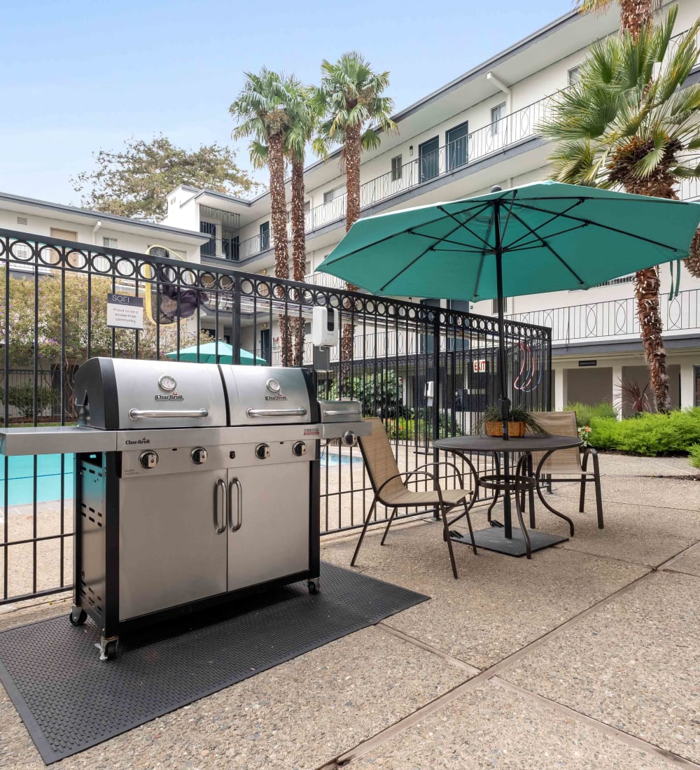 Palm trees and beautiful flora near the barbecue area with gas grills at Sofi Redwood Park in Redwood City, California