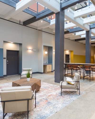 Community seating at Mojud Lofts in Greensboro, North Carolina