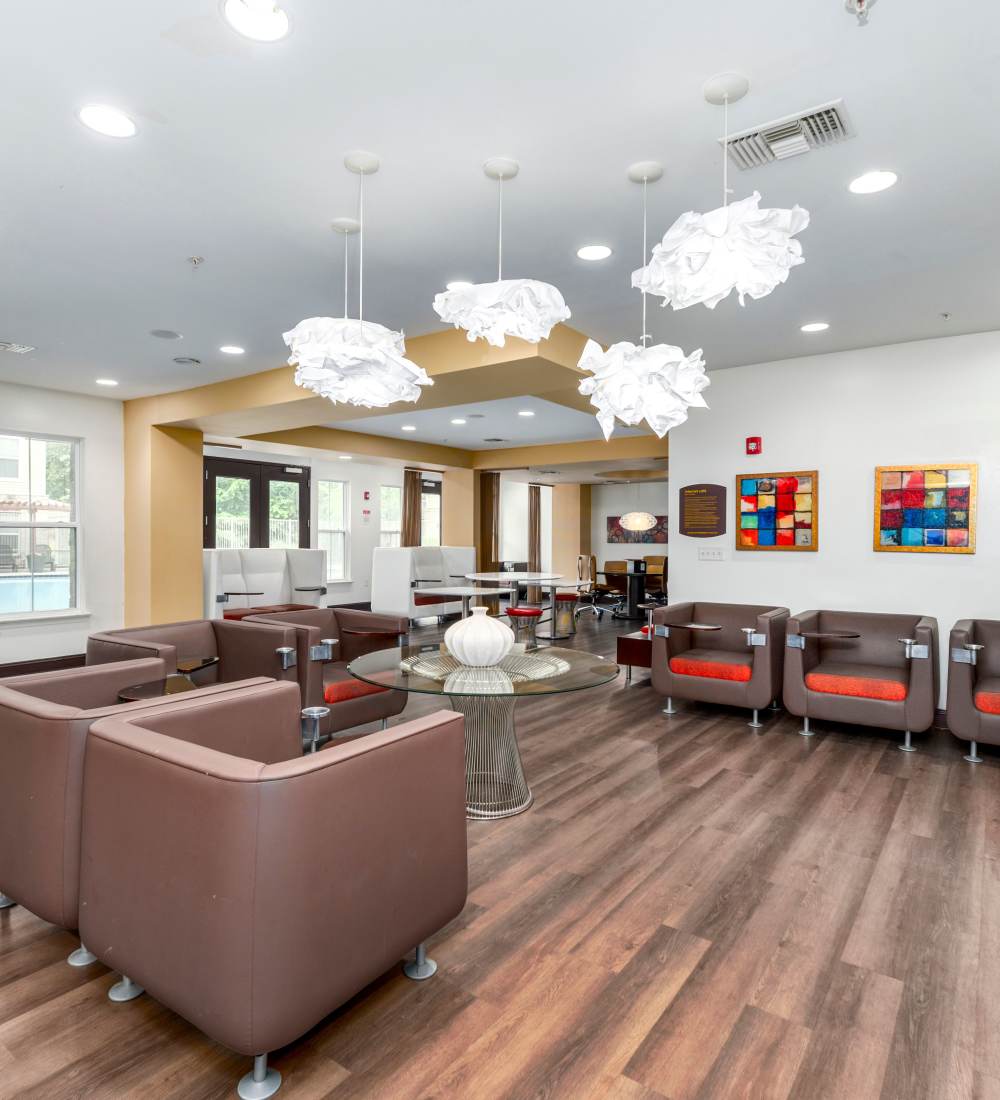 Social lounge with sofa at Mazza Grandmarc in College Park, Maryland