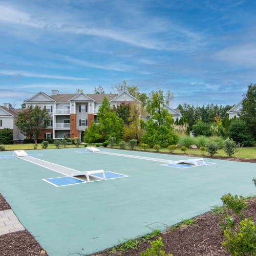 A lush grass area in front of apartment buildings at River Forest in Chester, Virginia