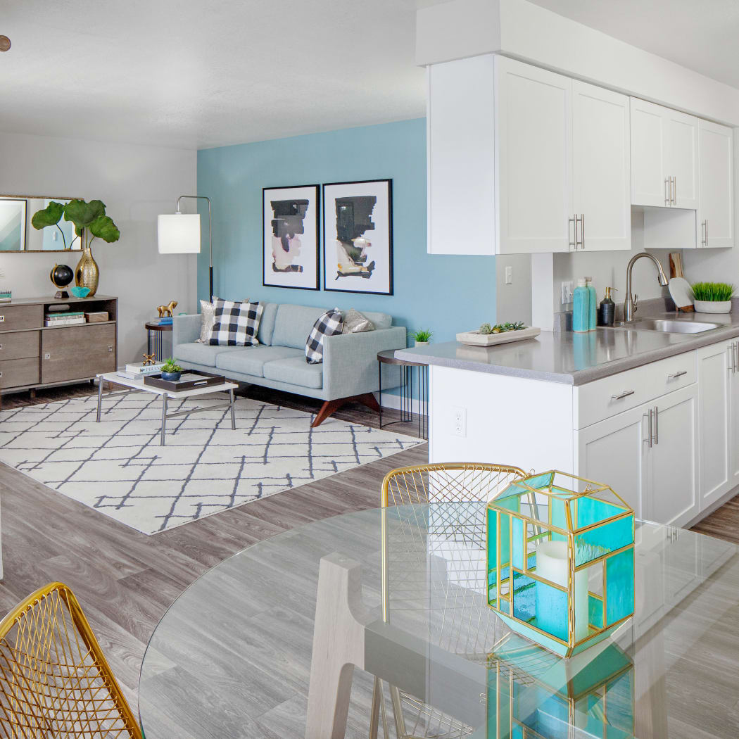 Beautifully decorated open-concept floor plan in model home at Heatherbrae Commons in Milwaukie, Oregon