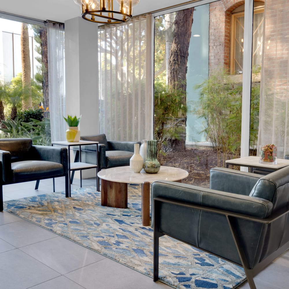 Lobby with stylish furniture at The Tower at Hollywood Hills, Los Angeles, California