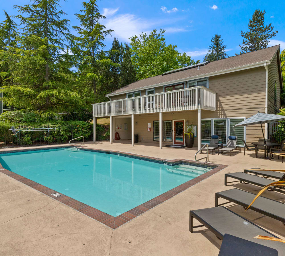 Swimming pool by the community room at Skyline Redmond in Redmond, Washington