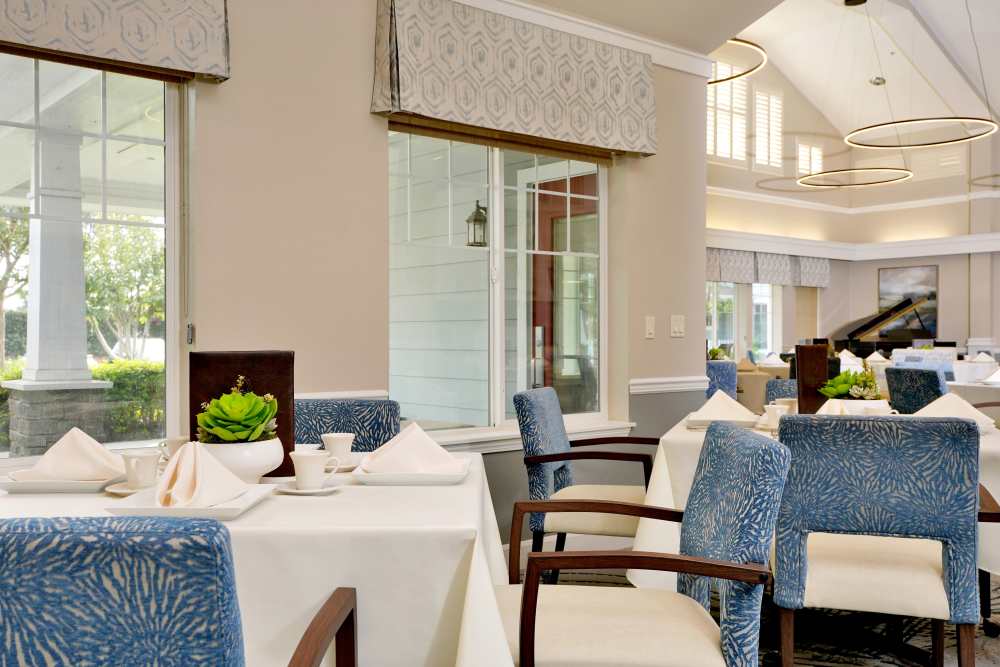 Chairs and blue tables at The Commons at Union Ranch in Manteca, California