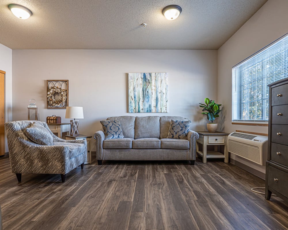 Spacious floor plans with a full living room and hardwood flooring at Traditions of Owatonna in Owatonna, Minnesota.