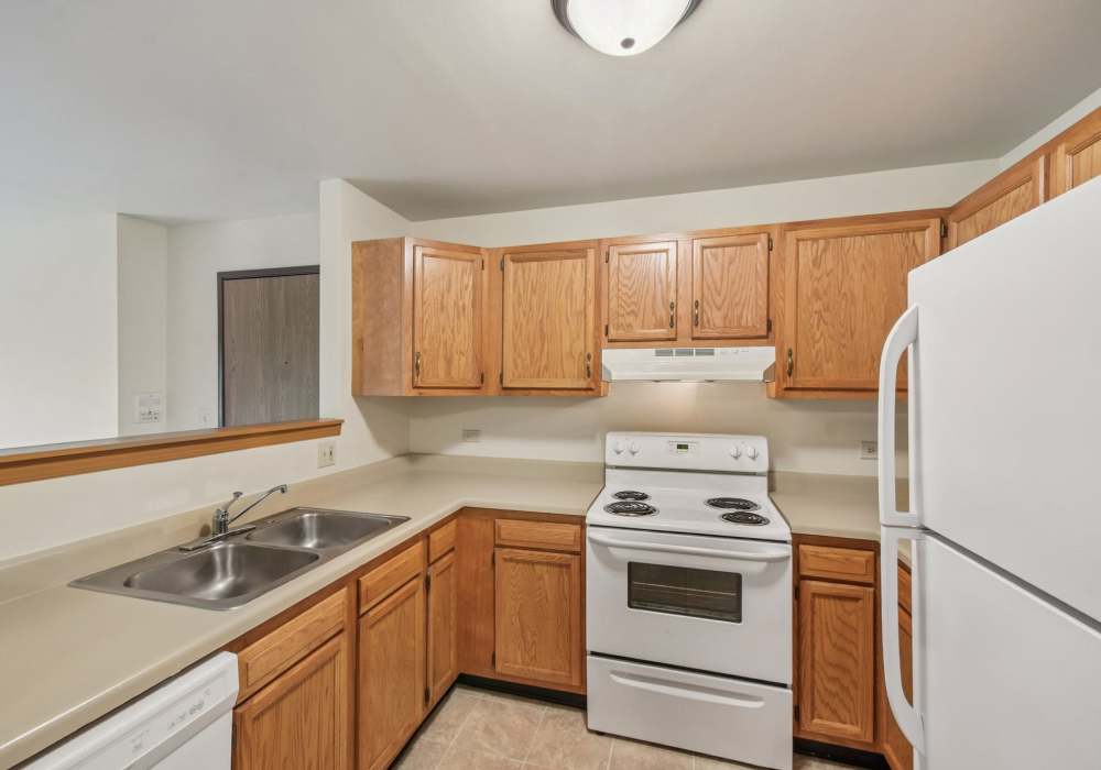 A model kitchen at Maple Leaf Apartments in Merrillville, Indiana