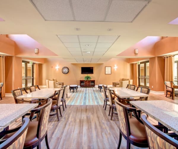 Spacious dining room at Pacifica Senior Living Hillsborough in Chino, California