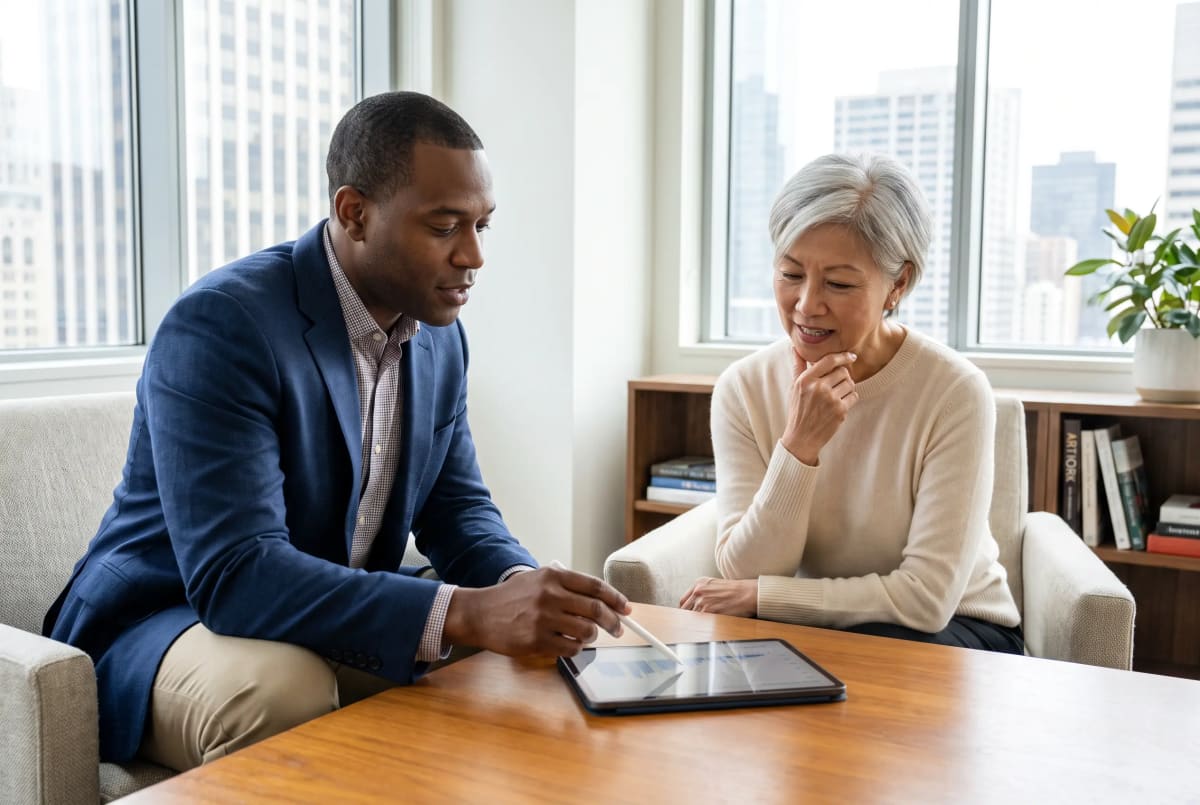 Medicare agent reviewing plan details with an older client.