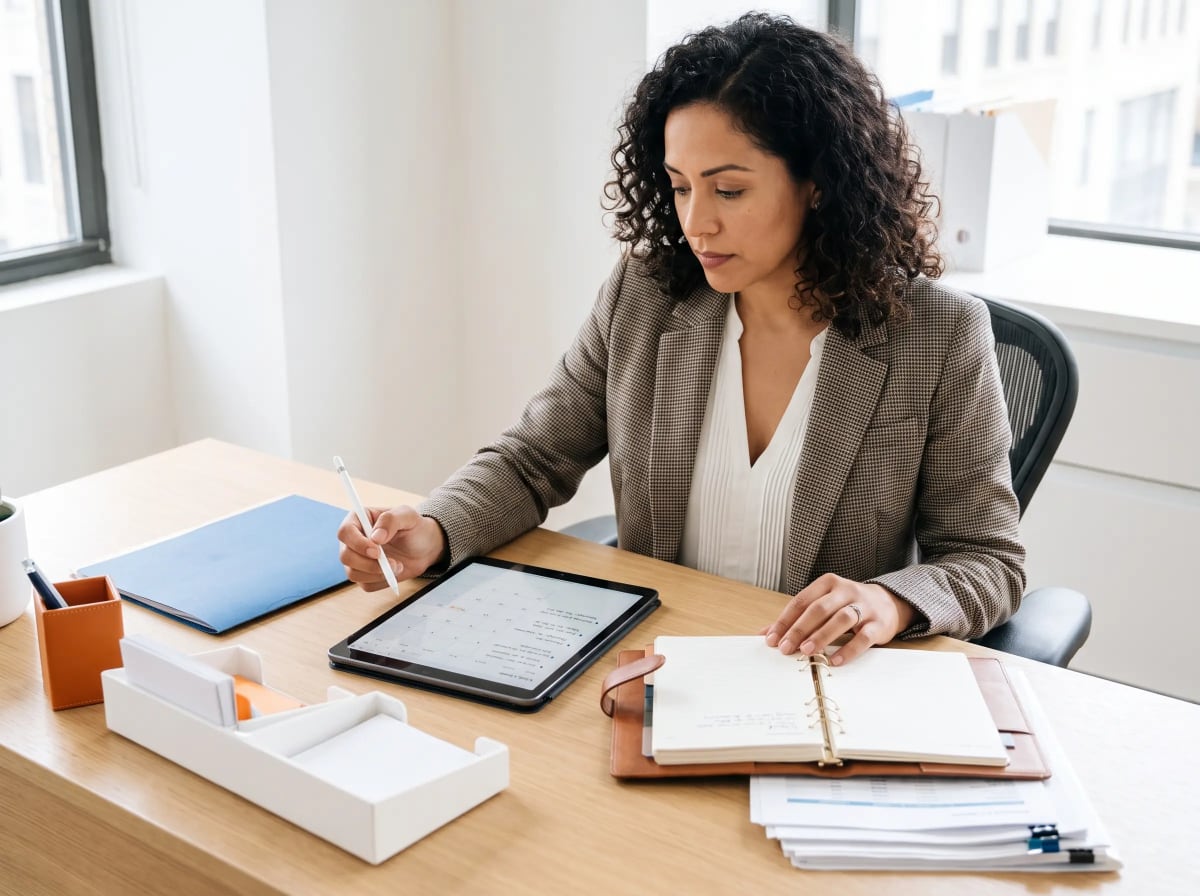 Medicare professional preparing materials for client appointments.