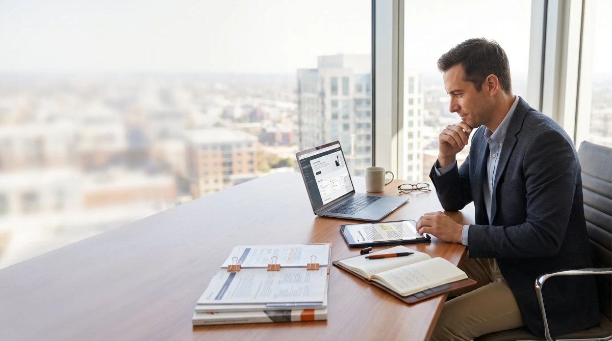 Life insurance professional reviewing educational resources in a modern office.