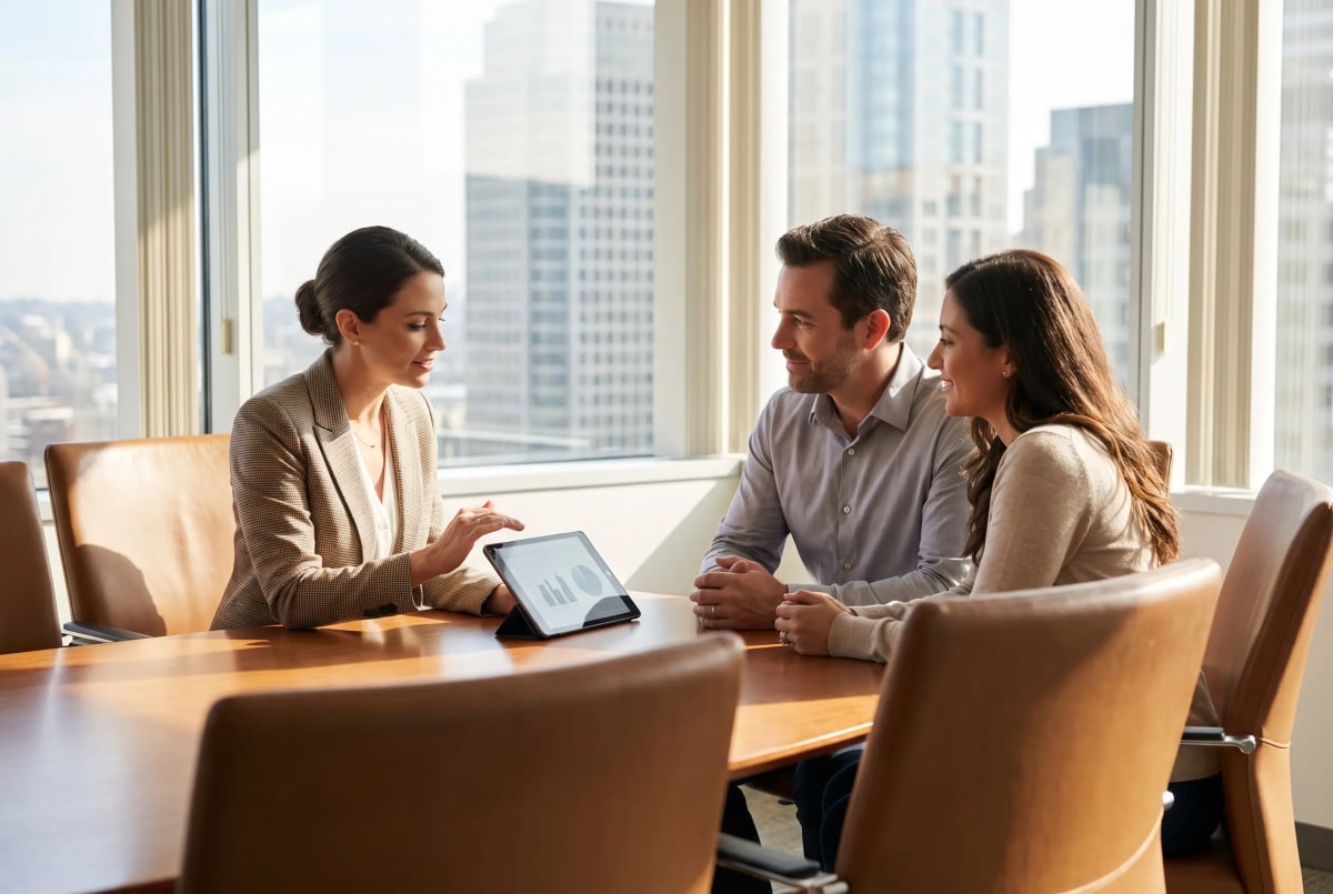 Life insurance agent walking a client through coverage options.