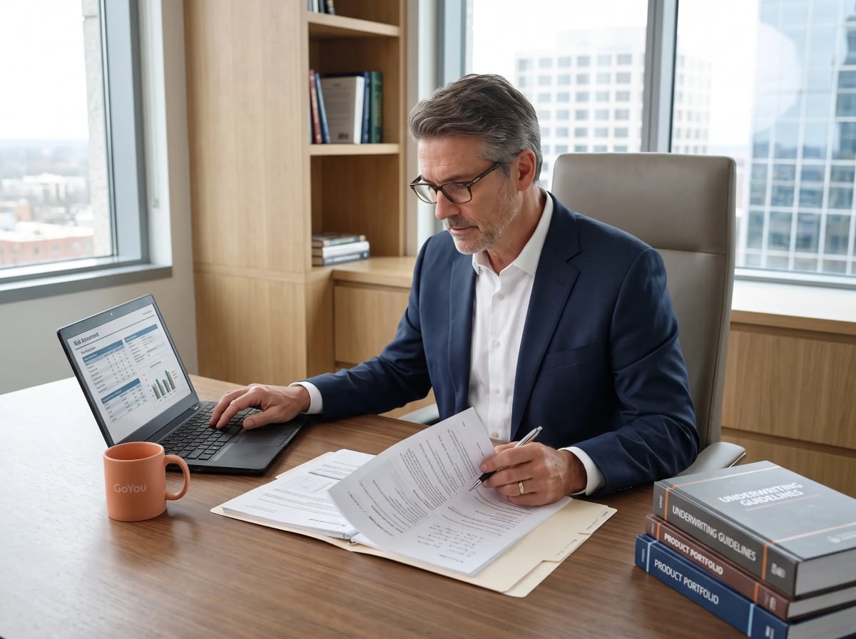 Experienced insurance professional reviewing a case and underwriting information.