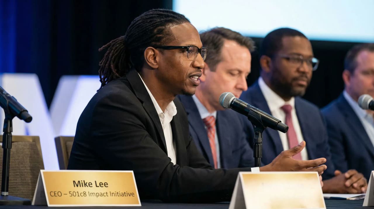Mike Lee speaking on a conference panel, name card reading Mike Lee, CEO