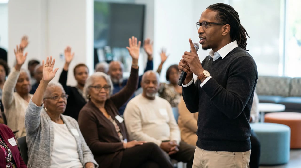 Mike Lee connecting with an audience during a talk