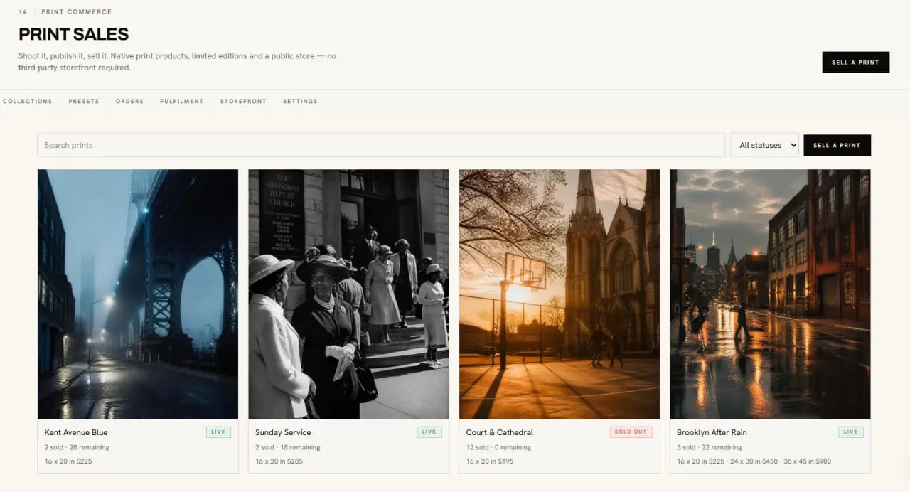 Print Sales gallery of published limited edition photographs with editions sold and remaining