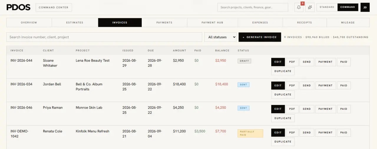 Invoice table showing client, project, amount, paid and balance including Renata Cole's Kinfolk Menu Refresh invoice