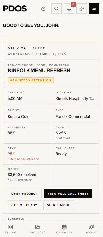 Picture Day OS Daily Call Sheet on mobile, showing today's shoot, call time, readiness, crew, gear and money