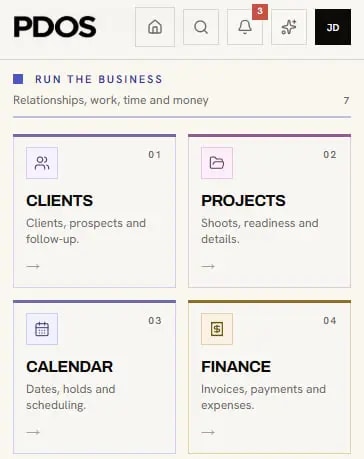 Picture Day OS Command Center on mobile, showing Clients, Projects, Calendar and Finance workspaces