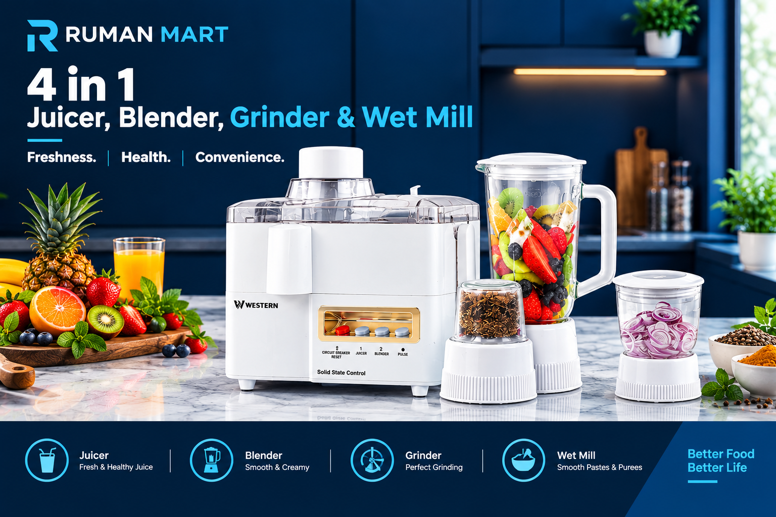 4-in-1 Juicer, Blender, Grinder & Wet Mill | Multi-Function Kitchen Machine | Western 708