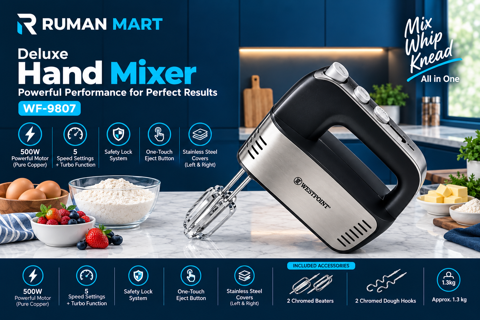 Westpoint WF-9807 Deluxe Hand Mixer – 500W Pure Copper Motor, 5 Speed + Turbo
