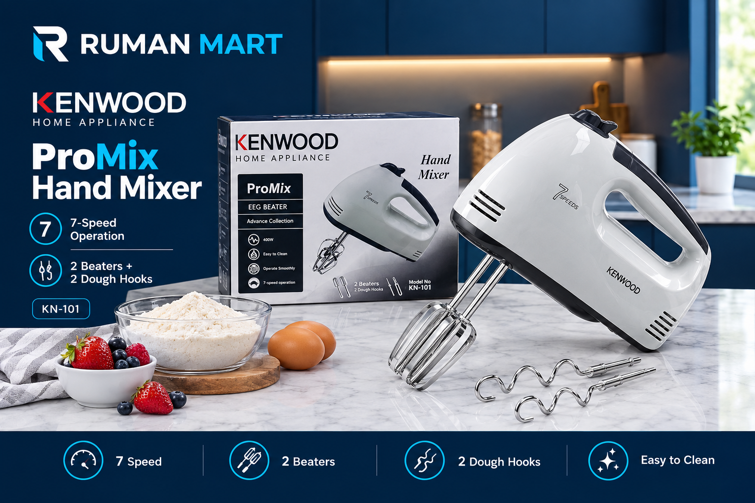 Kenwood ProMix KN-101 Hand Mixer – 7 Speed Electric Egg Beater with Dough Hooks