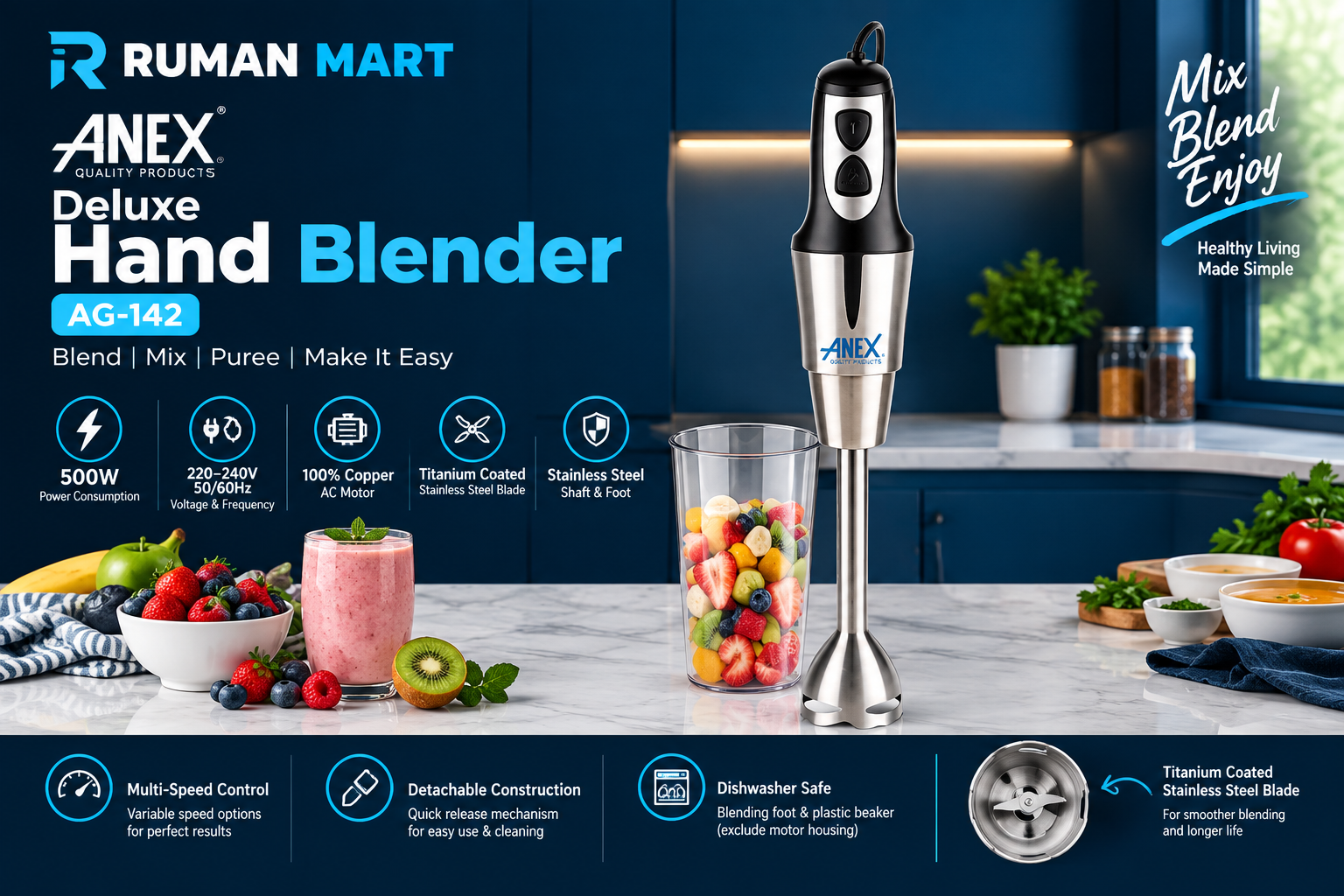 Anex AG-142 Deluxe Hand Blender – 500W Stainless Steel Blender with Beaker