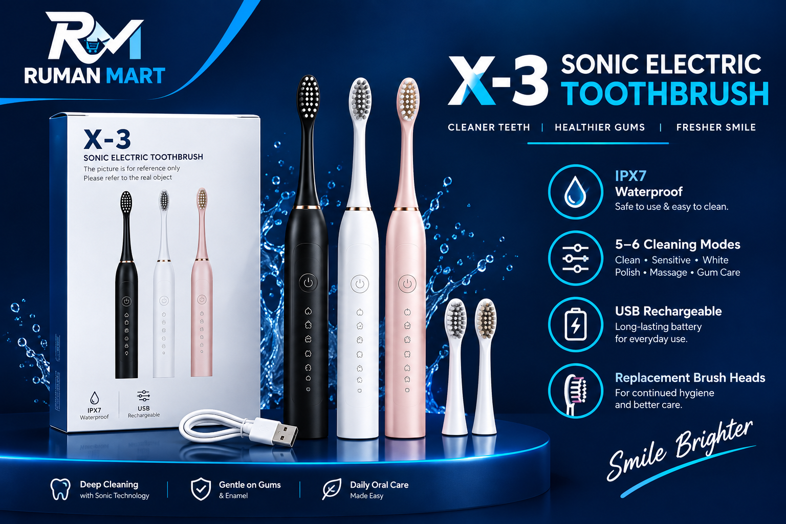 X-3 Sonic Electric Toothbrush for Deep Cleaning & Oral Care