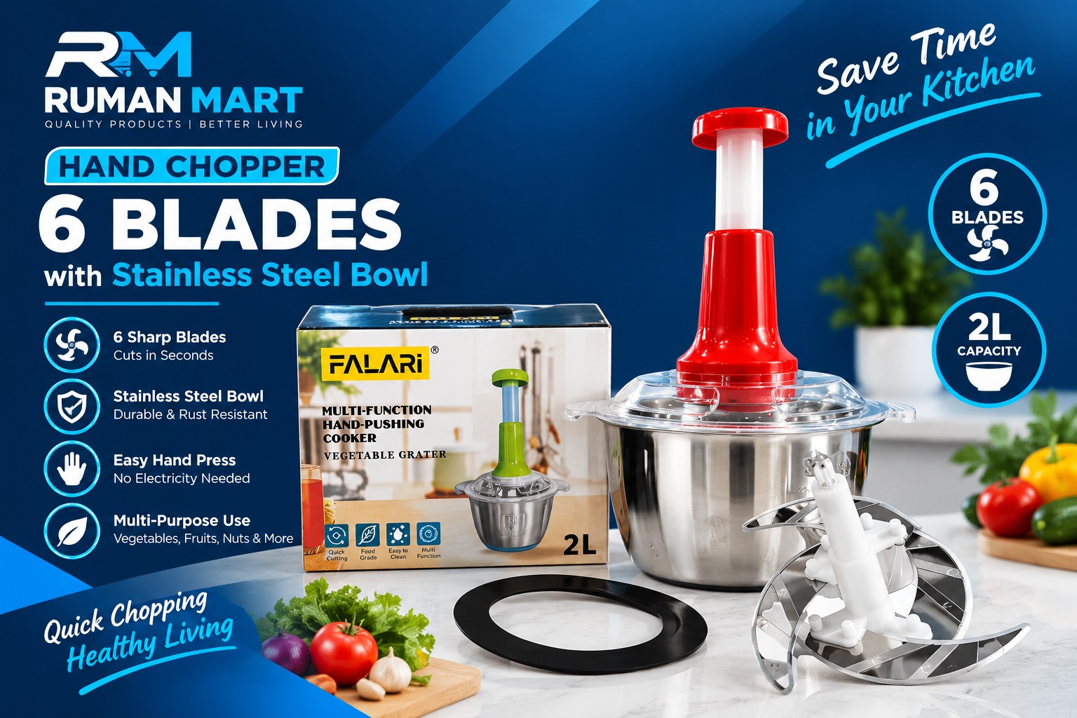 Falari 6 Blade Hand Chopper 2 Liter Stainless Steel Bowl
