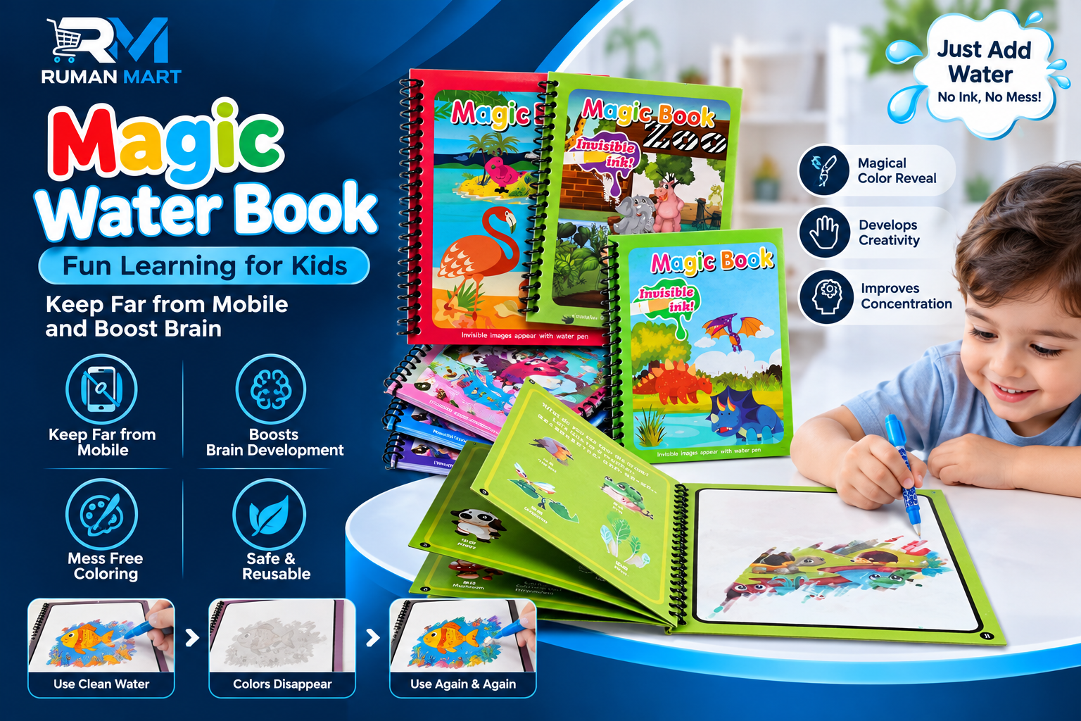 Magic Water Book Reusable Water Coloring Book for Kids