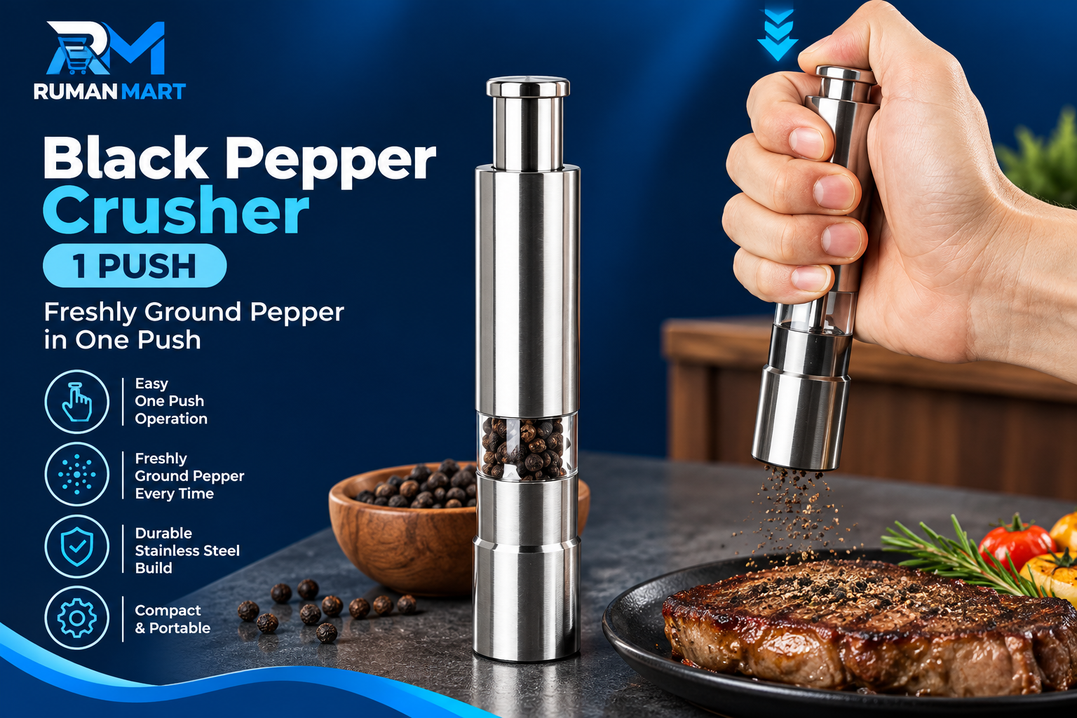 Black Pepper Crusher Stainless Steel One Push Grinder