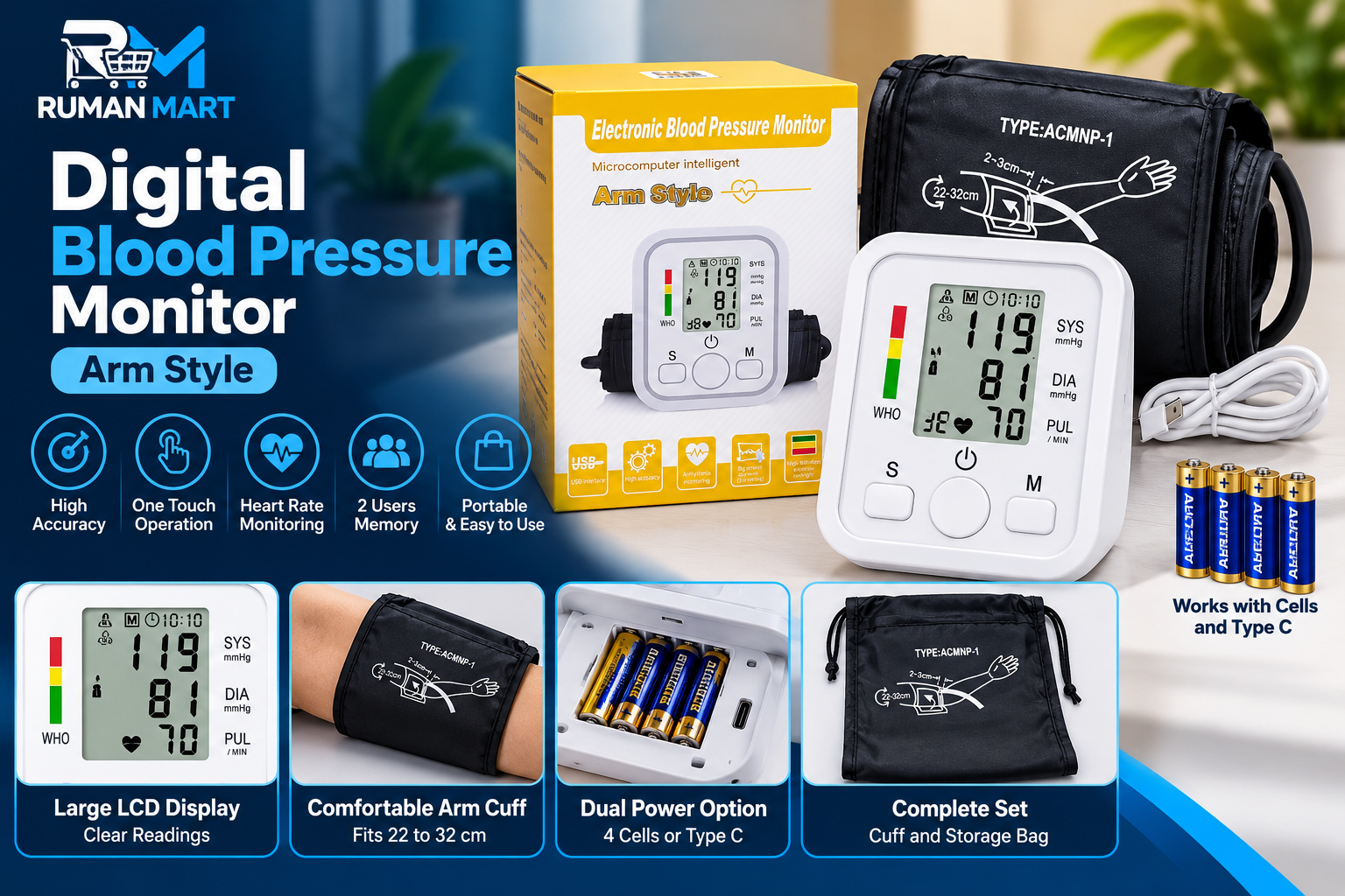 Digital Blood Pressure Monitor Arm Style Electronic BP Machine