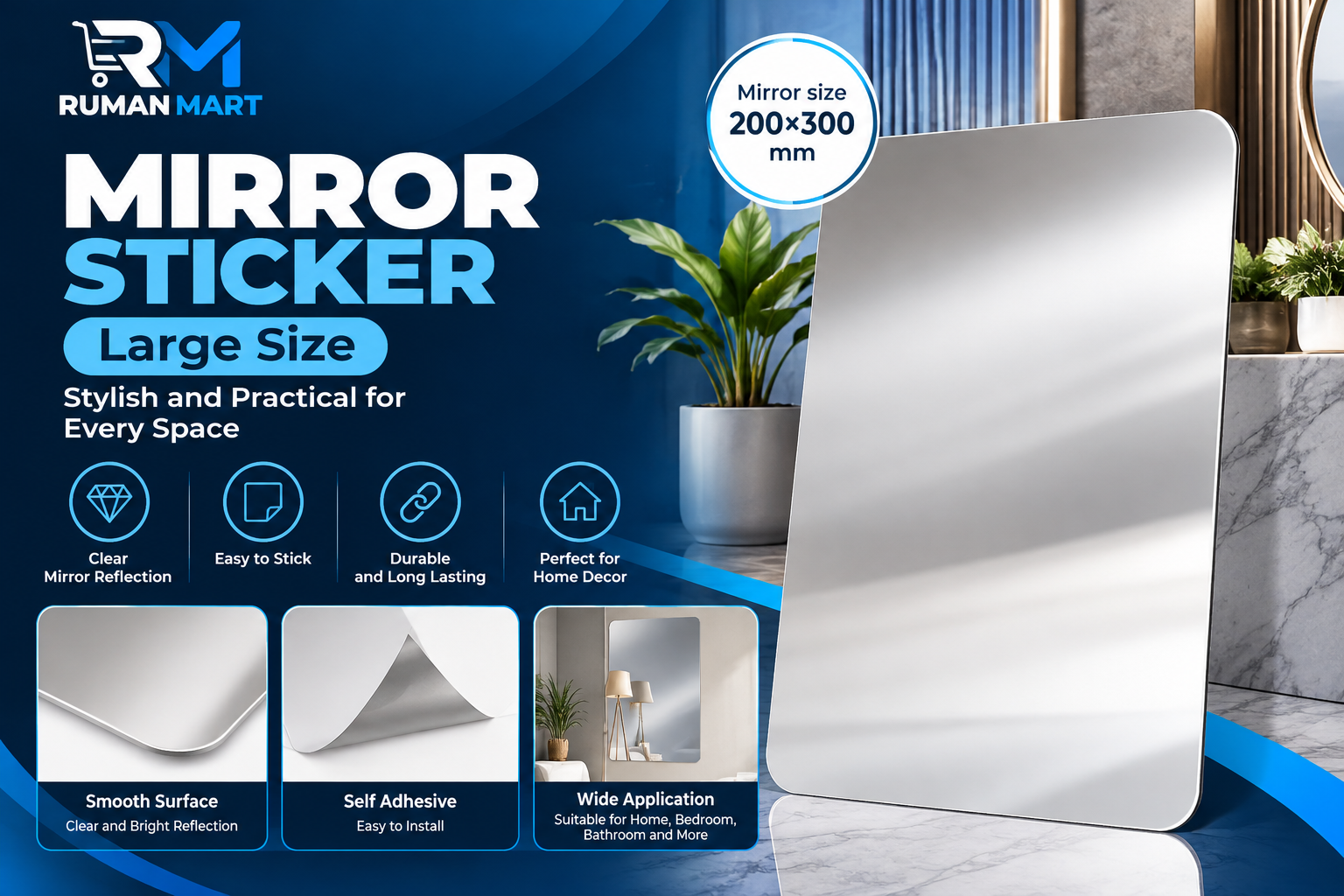 Large Size Self Adhesive Mirror Sticker 200 by 300 mm