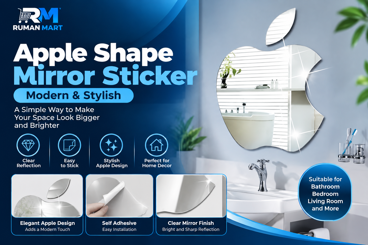 Apple Shape Mirror Sticker Self Adhesive Wall Decor