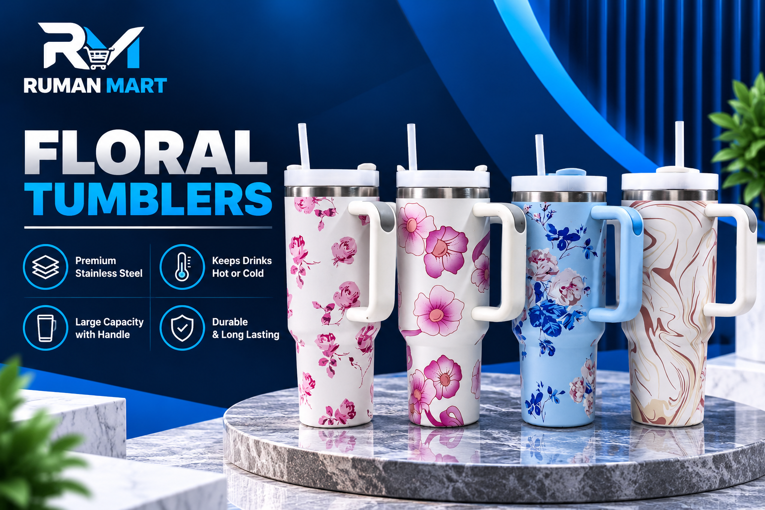 Floral Steel Tumbler 1250ml with Handle