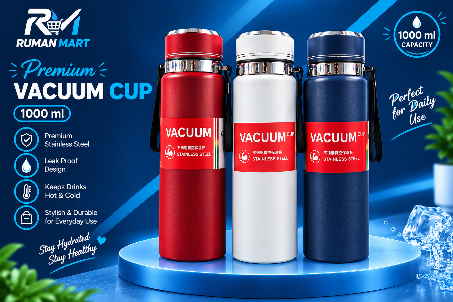 Premium Vacuum Cup 1000ml Steel Bottle