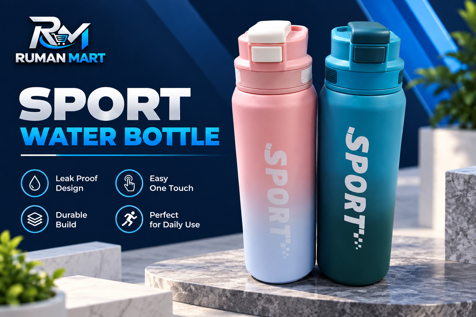Sport Steel Water Bottle 1000ml One Touch