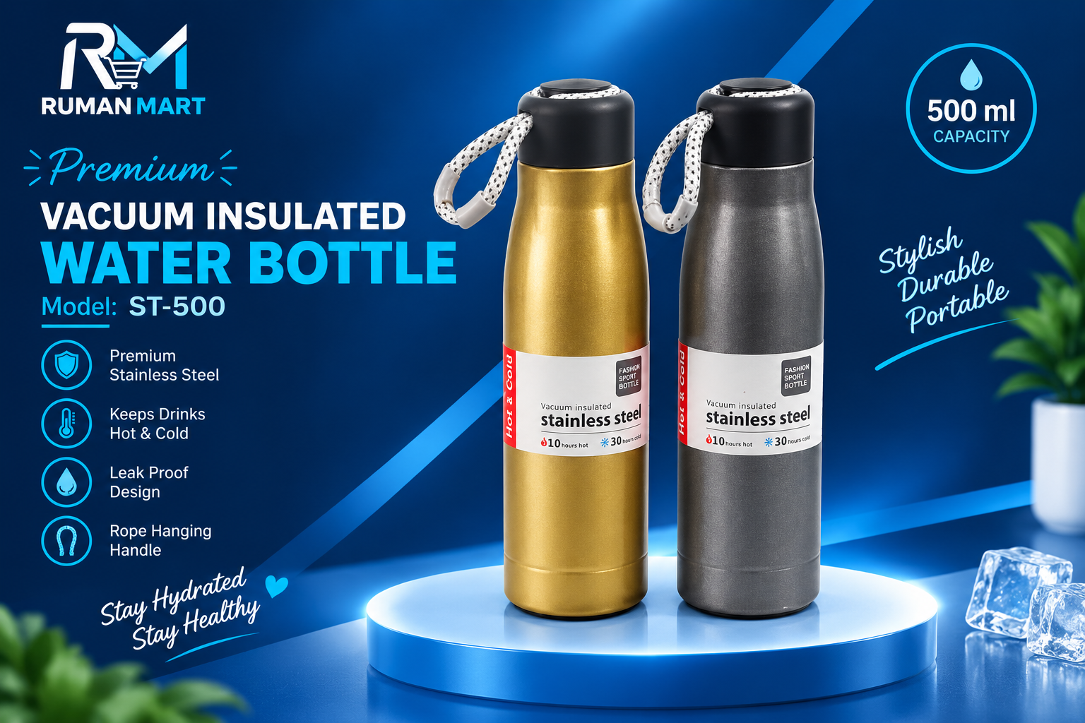Vacuum Insulated Steel Bottle with Rope Handle