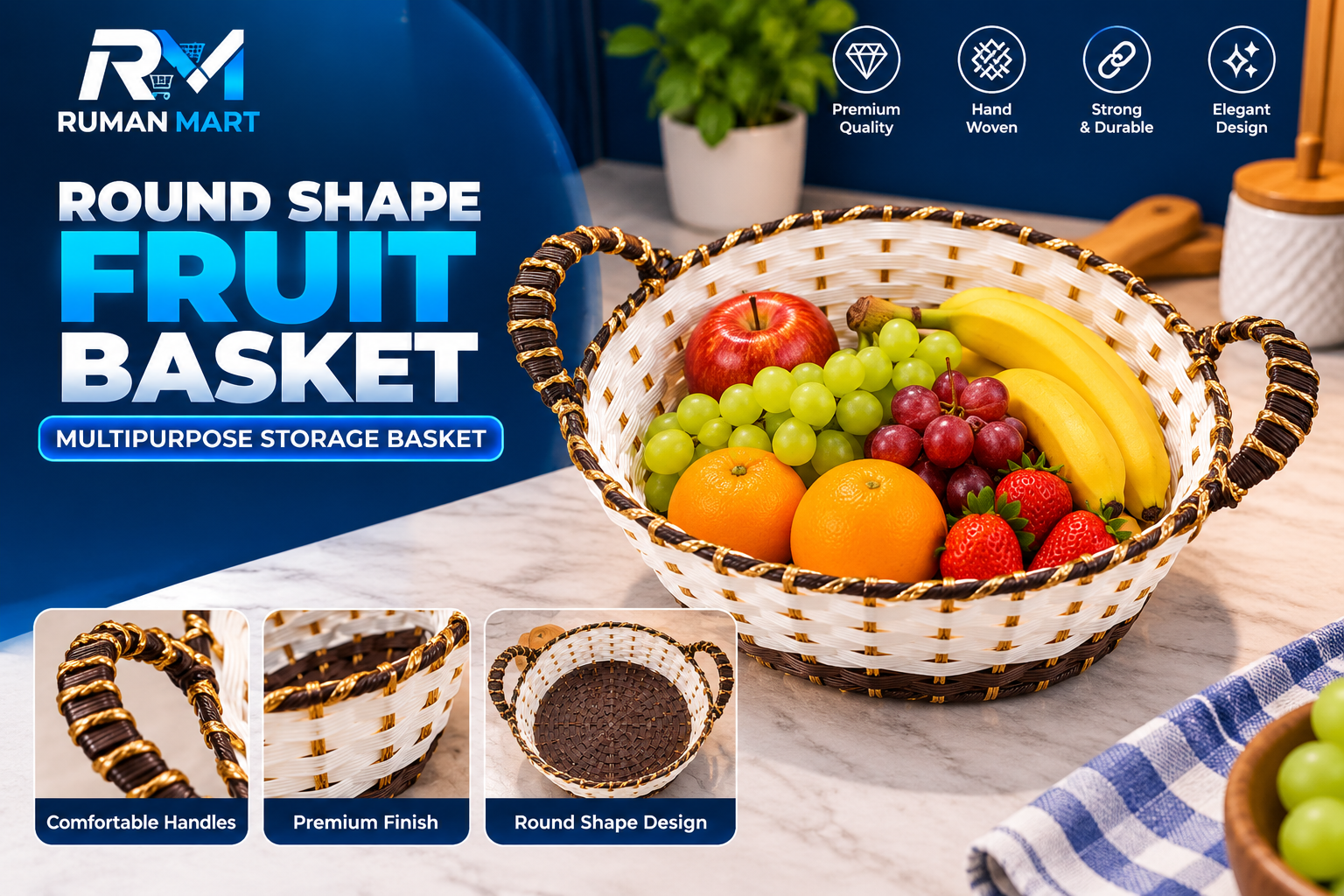 Round Shape Hand Woven Fruit Basket with Handles