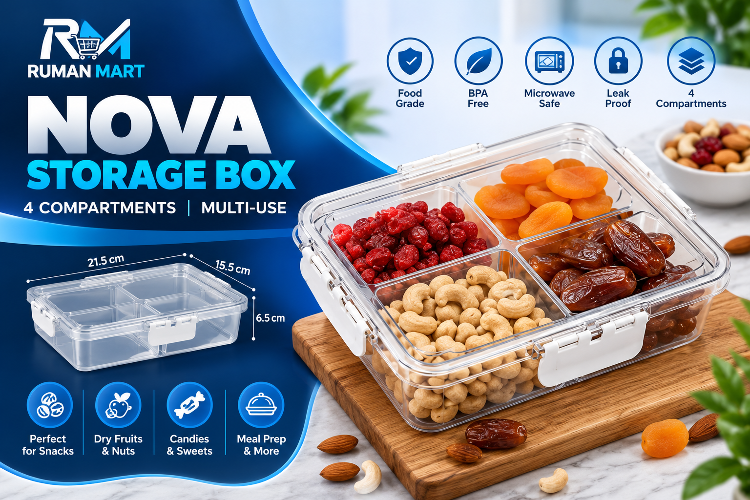 Dry Fruit Box 4 Compartments with Lock Lid