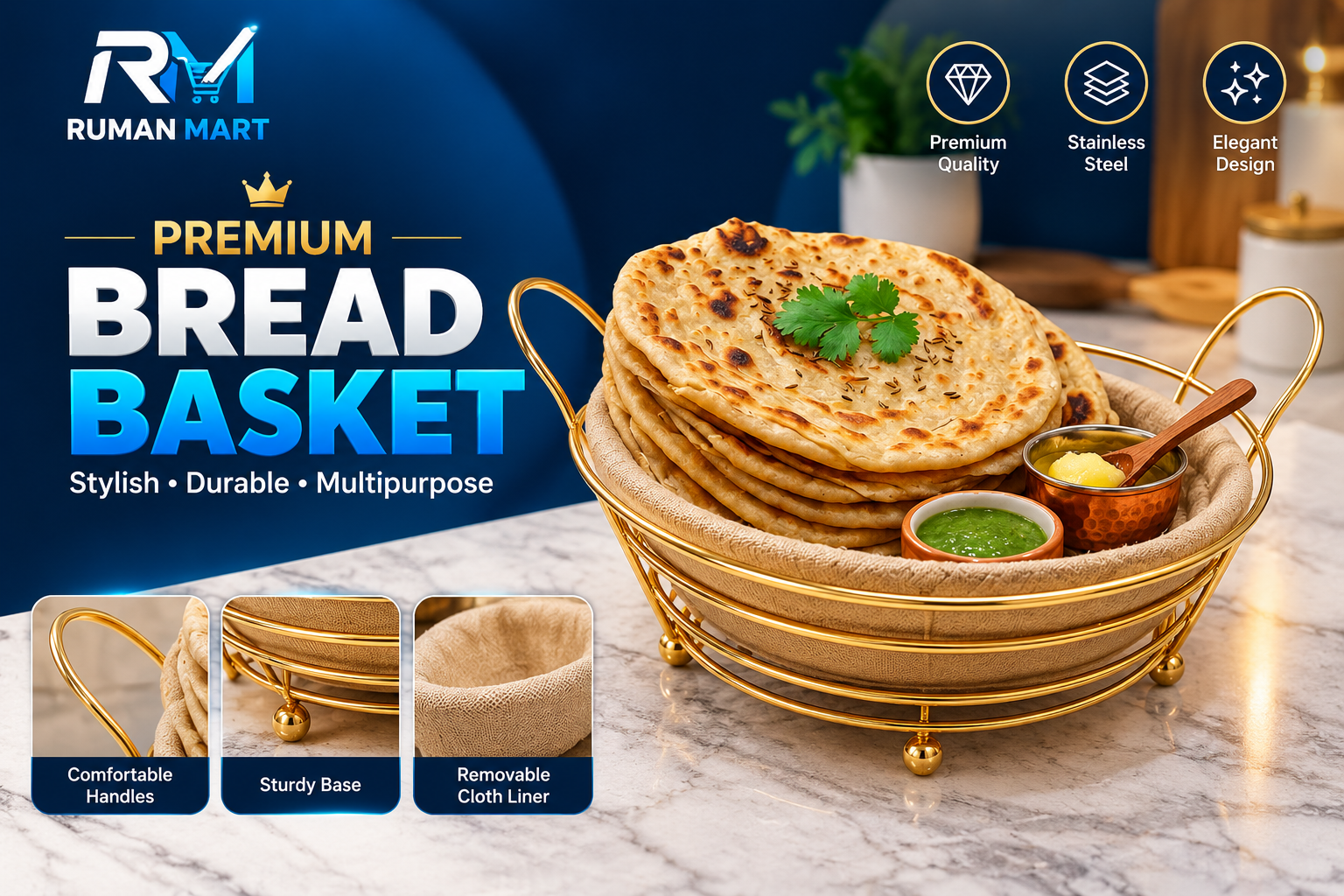 Golden Bread Basket with Cloth Liner
