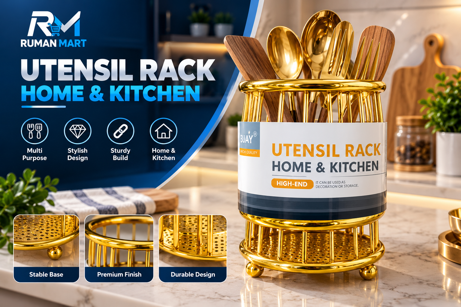 Golden Heavy Spoon Holder Utensil Rack