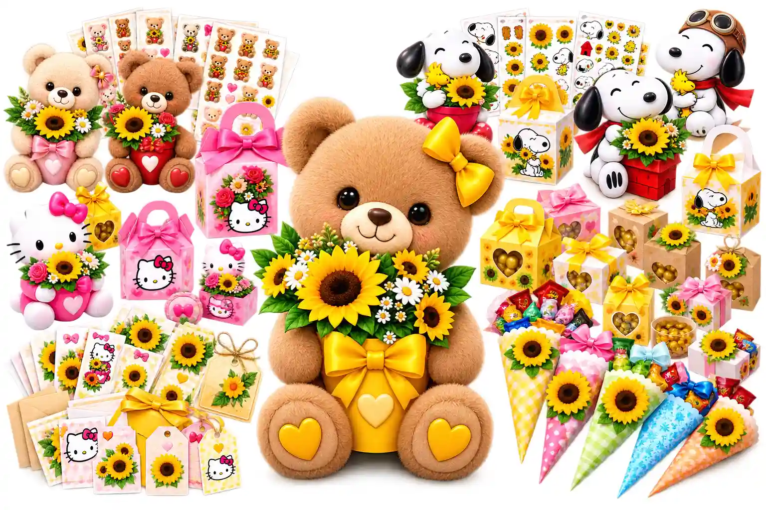 Mockup con los 6 bonos del Pack Flores Amarillas