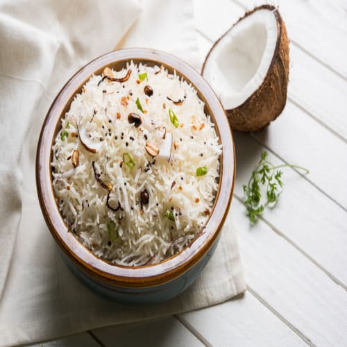 Coconut Rice | Fragrant Rice Cooked with Coconut for Subtle Sweetness | Masala Br & Grill